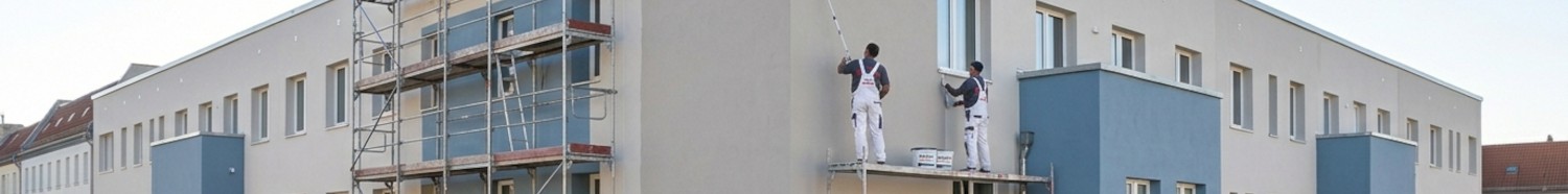 Malerarbeiten an einer großen Gebäudefassade mit Gerüst in Berlin.